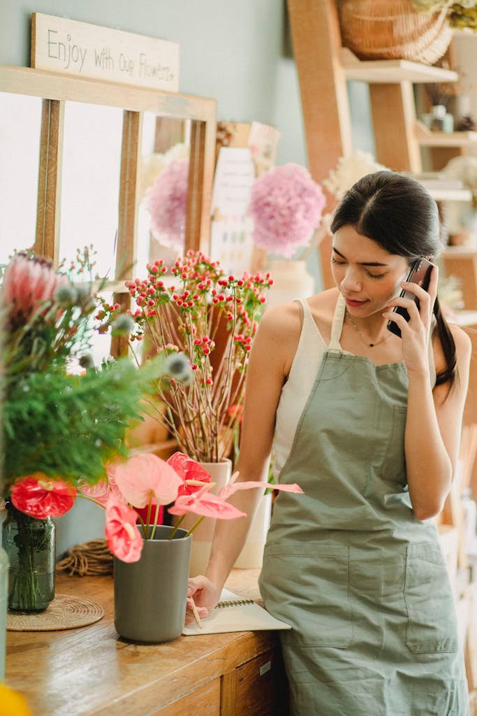 Focused young female business florist in apron having conversation on mobile phone and taking notes in notebook while working in modern floristry studio